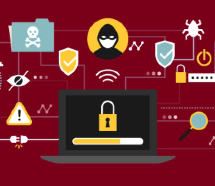 A graphic illustration showing a black laptop with a lock on the screen. Surrounding the laptop are icons symbolizing threatening activity from viruses to crime.